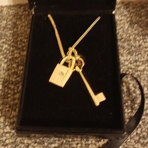 Victoria Secret gold tone chain long necklace lock and key